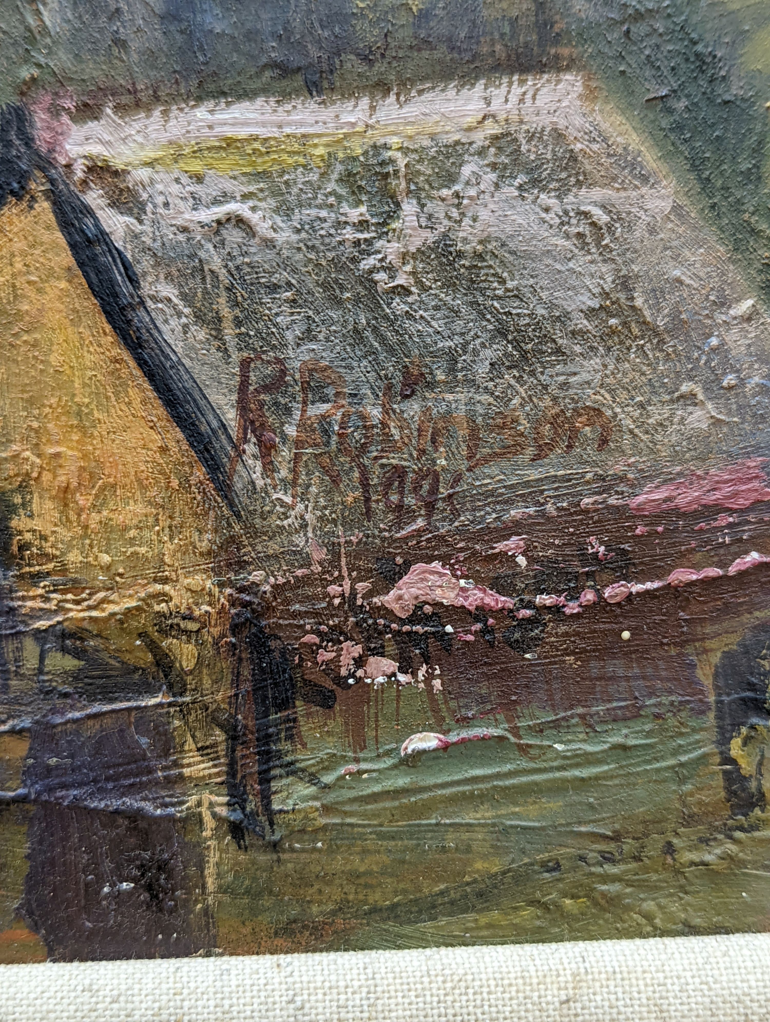R. Robinson, oil on board, Coastal landscape with castle, 39 x 90cm